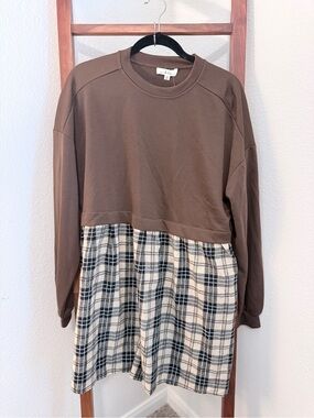 Aible Life & Style Brown Plaid Mixed Media Sweatshirt Dress Medium NWT
